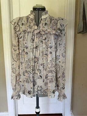 Sheer Printed Ruffle-Neck Women’s Blouse in Cream and Black